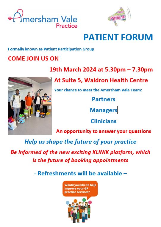 Patient Forum Invite Poster 19th March 2024 at 5.30pm - 7.30pm at Suite 5, Waldron Health Centre